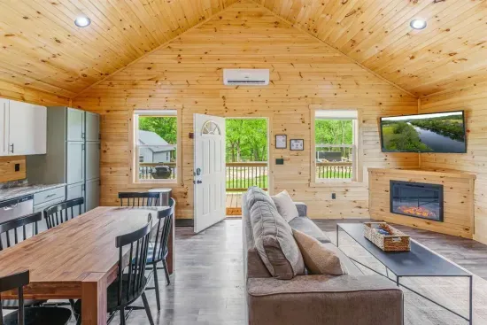 The Woodlands open concept with ROKU TV and fireplace