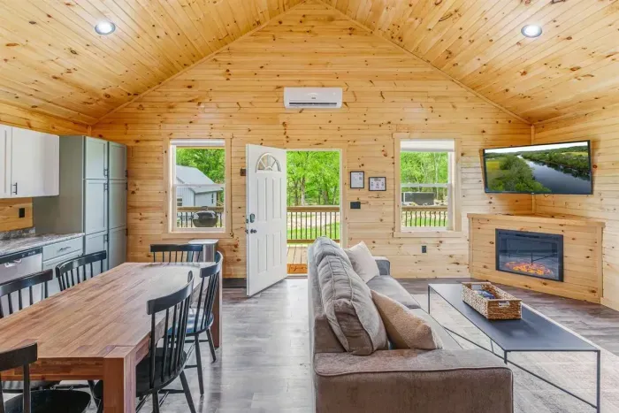 The Woodlands open concept with ROKU TV and fireplace 